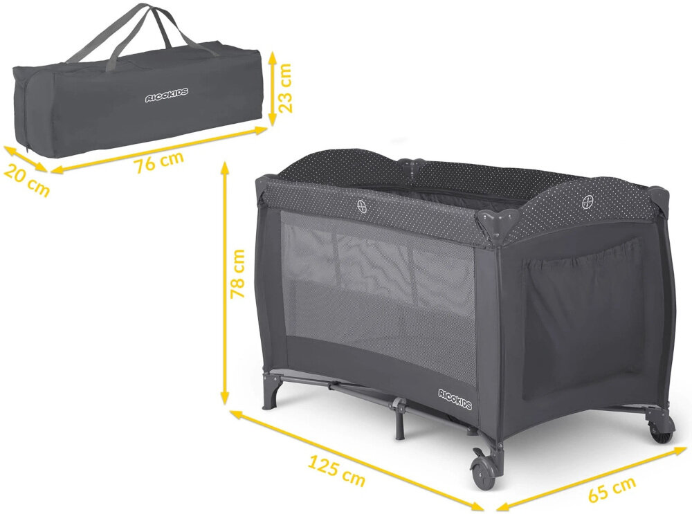 Łóżeczko turystyczne RICOKIDS RK-242 Antracytowy Dopasowane parametry wymiary waga obciążenie przestrzeń wygoda komfort