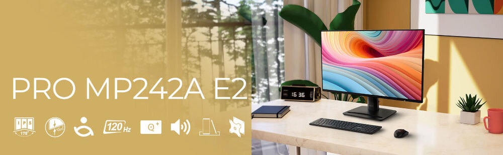 Monitor MSI Pro MP242A E2 23.8 cala 1920x1080px IPS 120Hz 1 ms [MPRT] prezentacja monitora od przodu na biurku