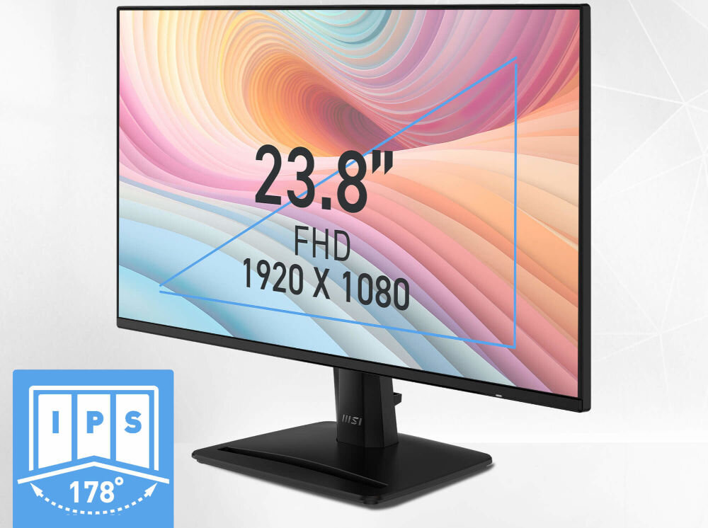 Monitor MSI Pro MP242A E2 23.8 cala 1920x1080px IPS 120Hz 1 ms [MPRT] prezentacja monitora na szarym tle od przodu pod kątem przekątna rozdzielczość Full HD wygodna praca szerokie kąty widzenia 178° stała jakość obrazu odwzorowanie kolorów komfort podczas pracy