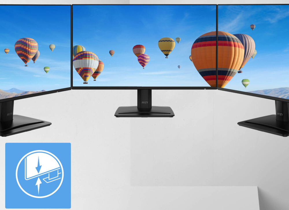 Monitor MSI Pro MP242A E2 23.8 cala 1920x1080px IPS 120Hz 1 ms [MPRT] prezentacja monitorów postawionych obok siebie na białym tle od przodu pod kątem PerfectEdge ekran pozbawiony ramek współczynnik powierzchni ekranu do obudowy 92% ułatwienie pracy z wieloma monitorami komfort użytkowania