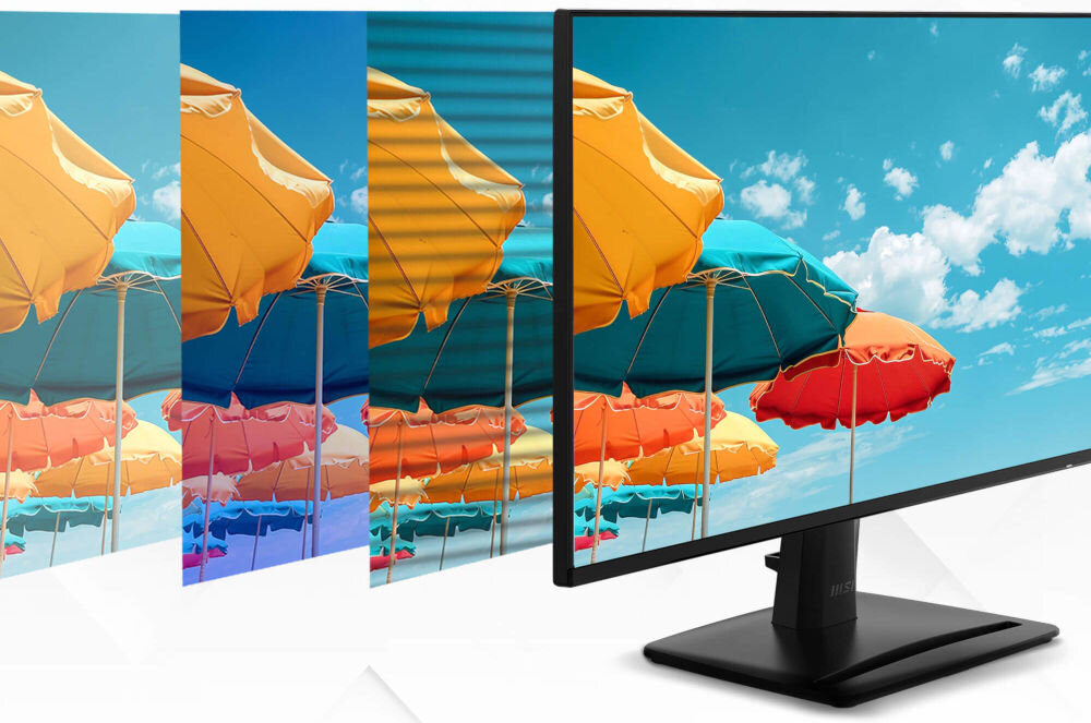 Monitor MSI Pro MP242A E2 23.8 cala 1920x1080px IPS 120Hz 1 ms [MPRT] porównanie monitora z technologiami chroniącymi wzrok i bez nich na jasnym tle ograniczenie zmęczenia oczu Eye-Q Check Less Blue Light redukcja światła niebieskiego Anti-flicker redukcja migotania powłoka antyodblaskowa czytelność ekranu