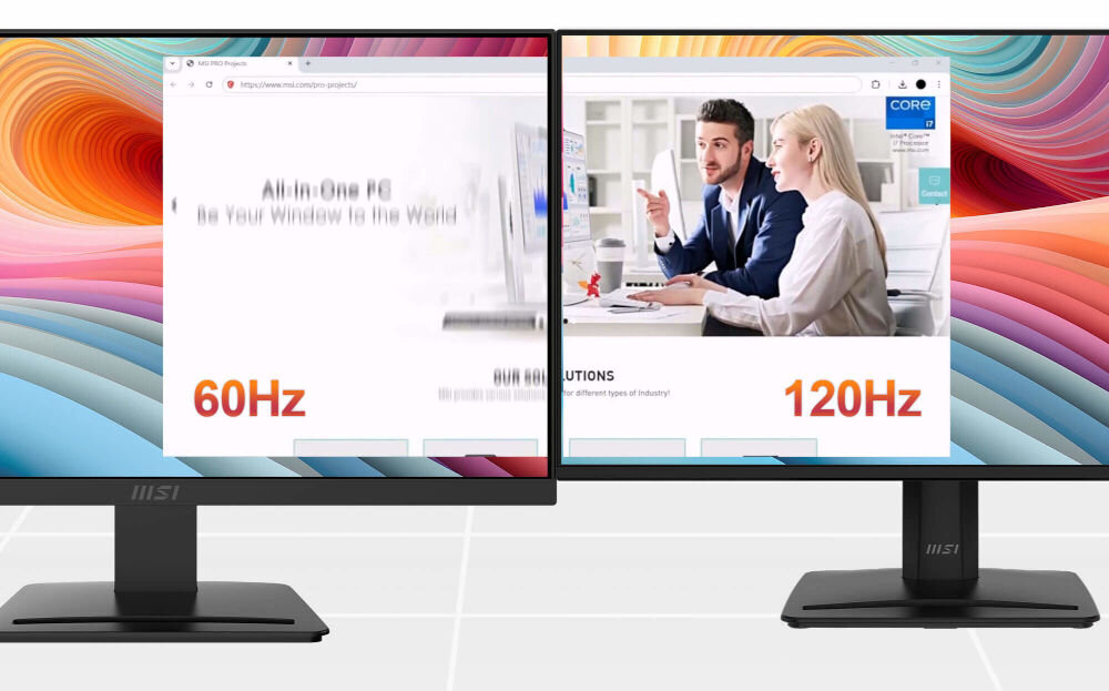 Monitor MSI Pro MP242A E2 23.8 cala 1920x1080px IPS 120Hz 1 ms [MPRT] prezentacja działania częstotliwości odświeżania na jasnym tle płynne wyświetlanie ruchu praca z treściami generowanymi przez AI efektywność komfort