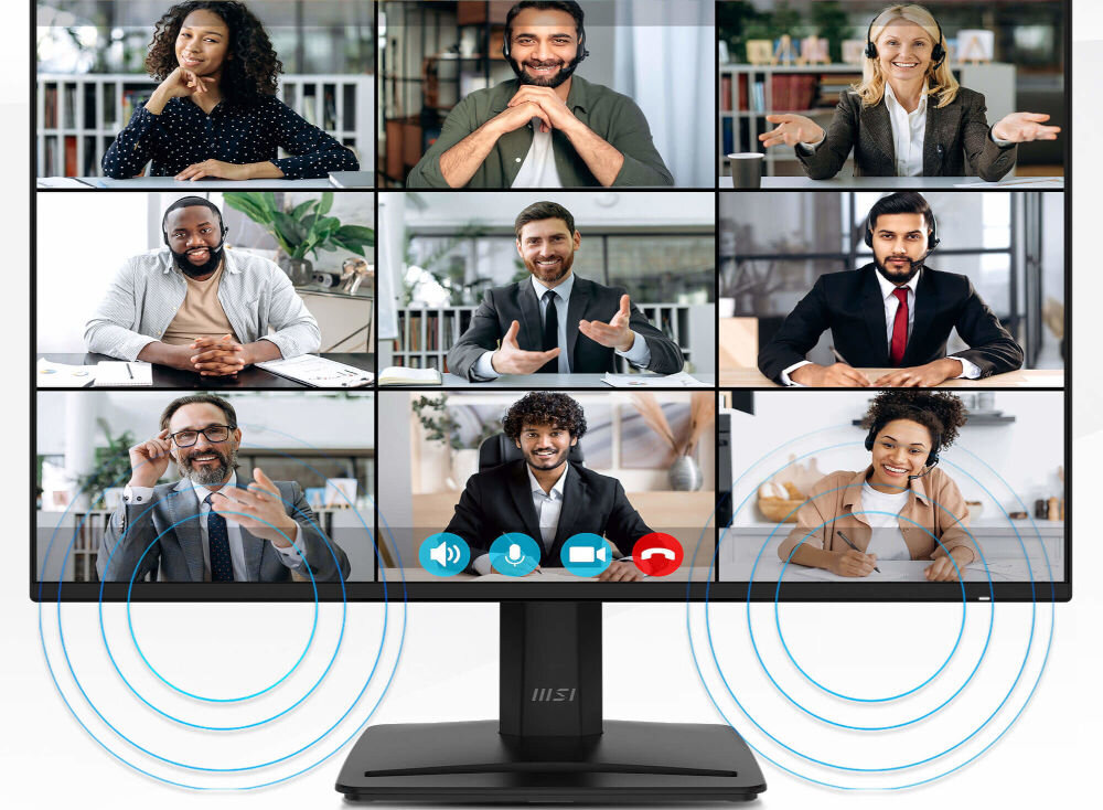 Monitor MSI Pro MP242A E2 23.8 cala 1920x1080px IPS 120Hz 1 ms [MPRT] wizualizacja działania głośników podczas wideokonferencji dwa głośniki 2W bez potrzeby podłączania dodatkowego sprzętu audio