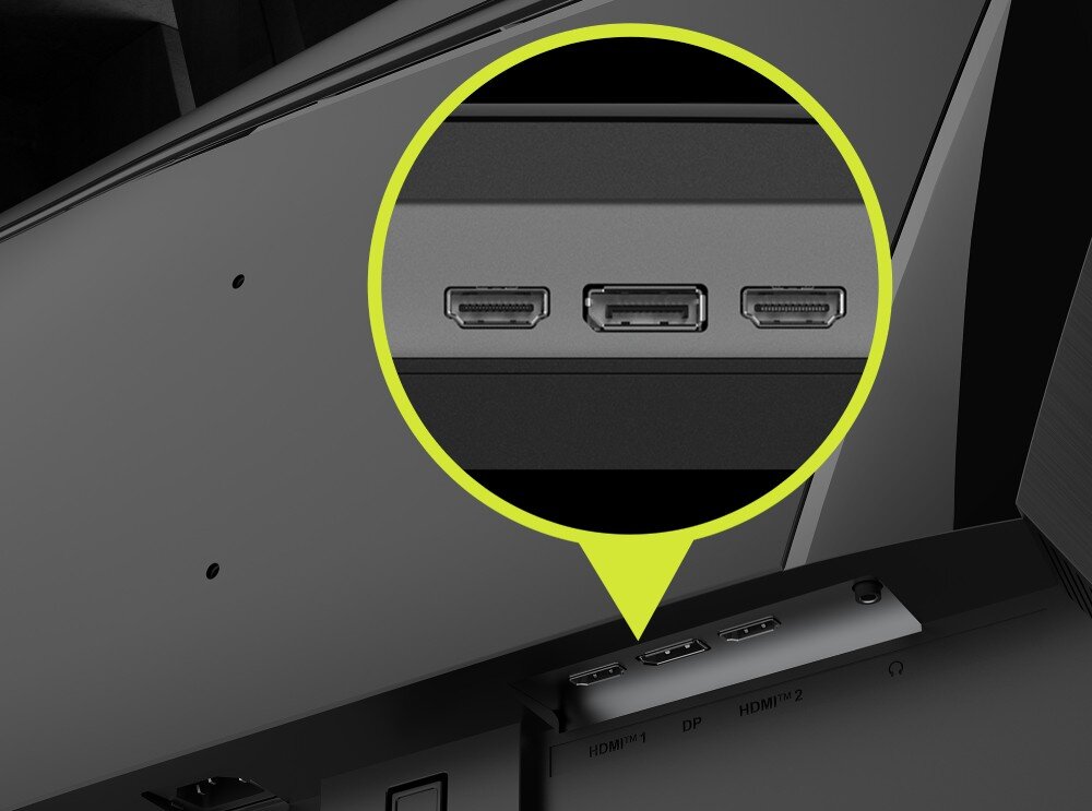 Monitor MSI Mag 275F Zbliżenie na panel złączy znajdujący się z tyłu monitora. W powiększeniu widoczne są dwa gniazda HDMI oraz jedno gniazdo DisplayPort, a obok nich wyjście słuchawkowe