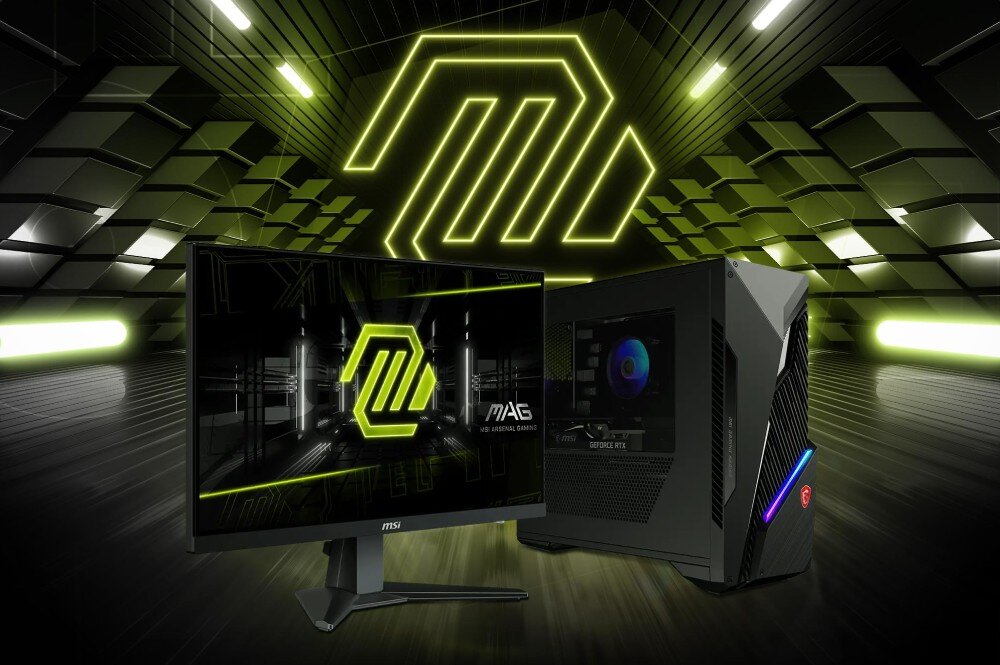 Monitor MSI Mag 275F Monitor gamingowy oraz komputer stacjonarny z podświetleniem RGB ustawione obok siebie. W tle znajduje się duża, świecąca grafika przypominająca logo serii MAG w zielonym kolorze