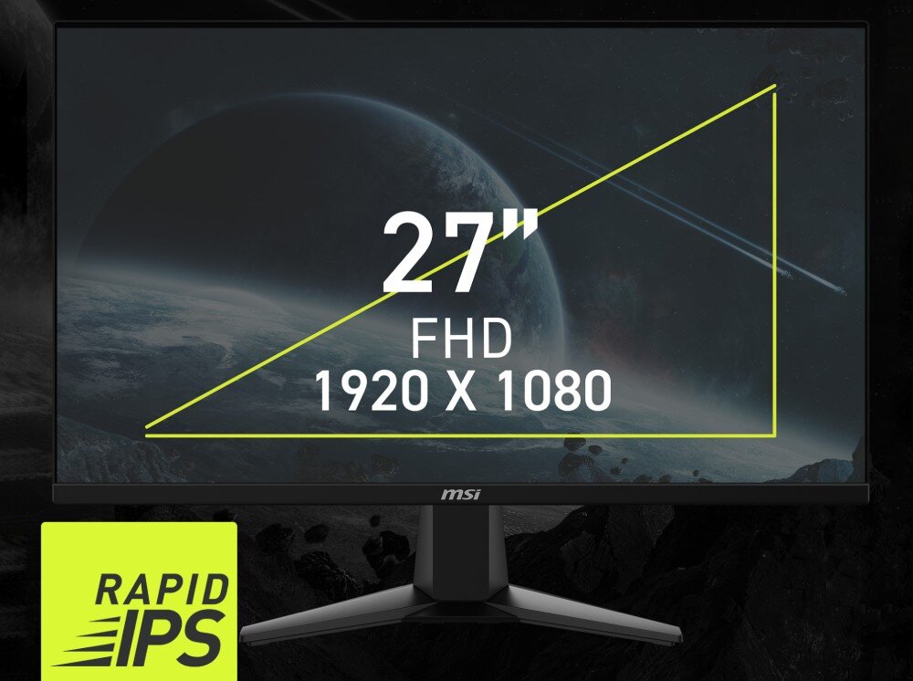 Monitor MSI Mag 275F Przód monitora z wyświetloną grafiką kosmosu. Na środku widnieje biały napis '27 cali FHD 1920 X 1080' z żółtą linią przekątną. W lewym dolnym rogu znajduje się logo 'RAPID IPS'