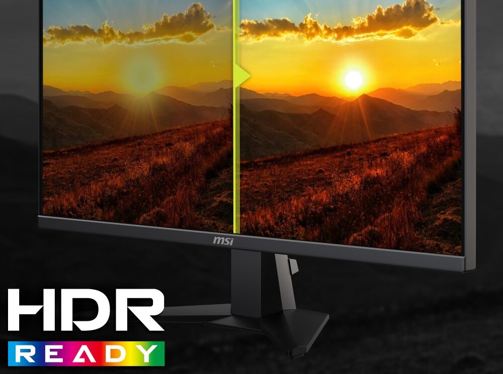 Monitor MSI Mag 275F Dolna część monitora z widocznym logo marki na ramce. Ekran wyświetla krajobraz górski o zachodzie słońca, podzielony pionową linią pokazującą różnicę w nasyceniu barw. W rogu napis 'HDR READY'