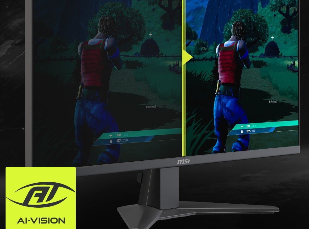 Monitor MSI Mag 275F Ekran monitora z widokiem z gry typu shooter. Porównanie funkcji AI-Vision: lewa strona obrazu jest ciemna, a prawa wyraźnie rozjaśniona, co poprawia widoczność detali w cieniach