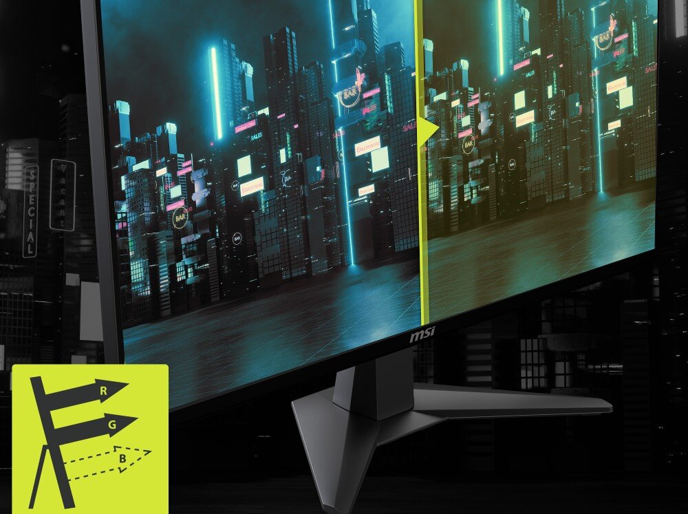 Monitor MSI Mag 275F Widok na ekran monitora pod kątem, wyświetlający futurystyczne miasto nocą. W dolnym rogu ikona przedstawiająca technologię ograniczającą emisję niebieskiego światła poprzez przesunięcie widma kolorów