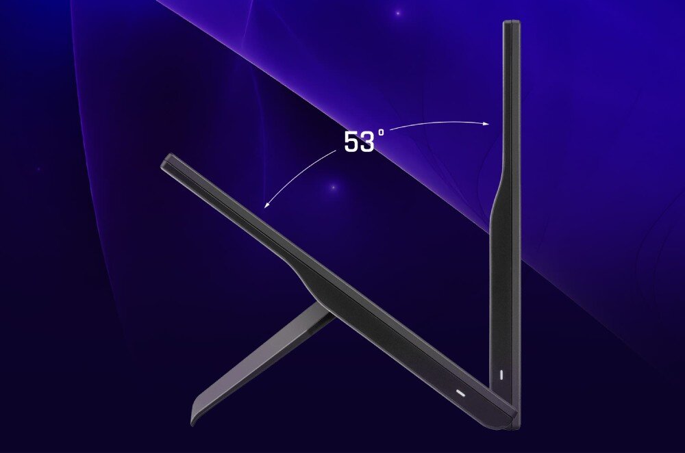 Monitor VIEWSONIC VX1654 Monitor z wysuniętą podstawką pokazany z boku, obok zaznaczony zakres regulacji nachylenia 53 stopnie, przeznaczenie, waga, grubość, podpórka, nachylenie