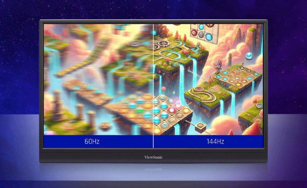 Monitor VIEWSONIC VX1654 Monitor z obrazem gry fantasy w stylu platformowym, ekran podzielony na dwie części, po lewej stronie rozmyty obraz przy 60 Hz, po prawej wyraźny obraz przy 144 Hz, odświeżanie, płynność, czas reakcji matrycy