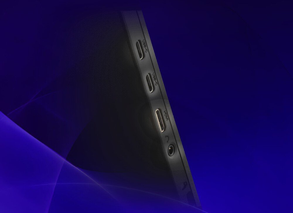 Monitor VIEWSONIC VX1654 Zbliżenie na boczny panel monitora z widocznymi złączami, w tym dwa porty USB-C, port mini HDMI i gniazdo audio, porty, gniazda, kompatybilność