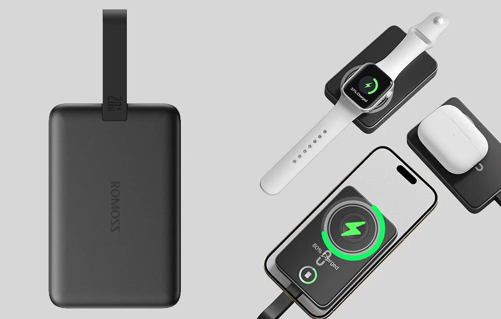 ROMOSS WM010 10 000 mAh 20 W dwukrotne pełne naładowanie smartfona Apple Watcha 2,5 godziny AirPods 3. generacji 1,5 godziny Wskaźnik naładowania - powerbank z urządzeniami na szarym tle