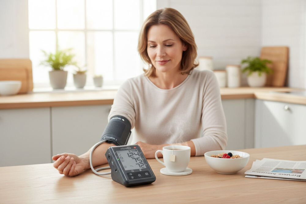 Ciśnieniomierz MICROLIFE BP B6 Connect wygląd design tło prezentacja wizualizacja lifestyle Kontroluj stan zdrowia