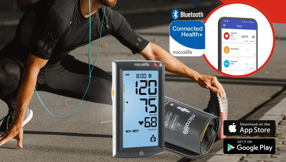 Ciśnieniomierz MICROLIFE BP A7 Touch BT Synchronizacja z aplikacją mobilną wbudowany moduł Bluetooth® dane aplikacja Microlife Connected Health+ analiza wyników monitorowanie udostępnianie raportów