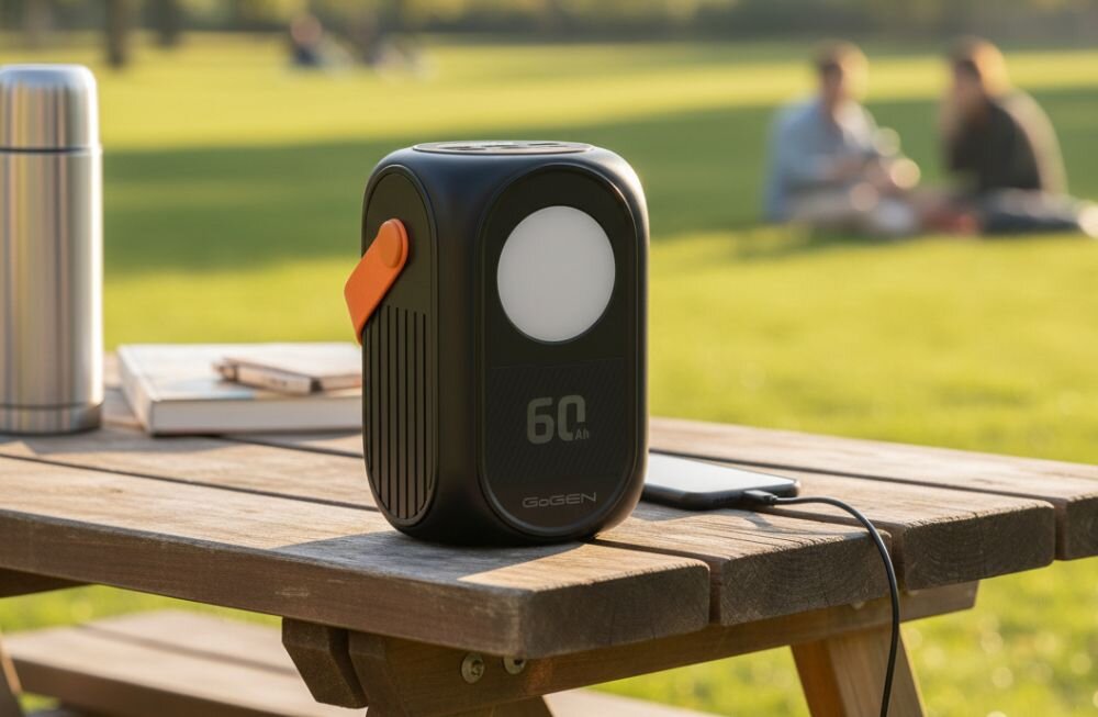 Powerbank GoGEN 60 Ah z wbudowaną lampą stoi na stole piknikowym podczas ładowania smartfona w parku