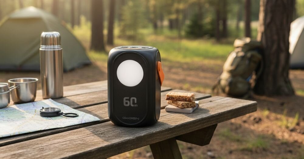 Powerbank GoGEN 60 Ah z lampą oświetleniową stoi na stole kempingowym podczas biwaku w lesie.