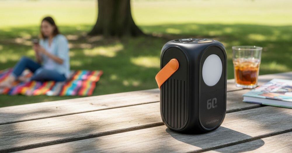 Powerbank GoGEN 60 Ah z uchwytem transportowym stoi na stole piknikowym podczas wypoczynku na świeżym powietrzu  