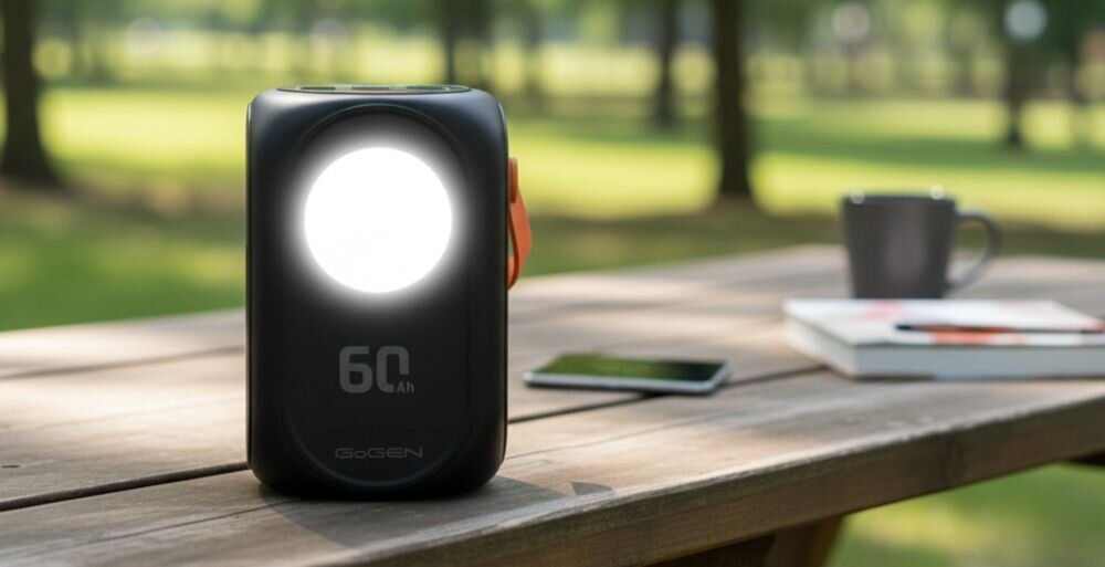 Powerbank GoGEN 60 Ah z wbudowaną lampą oświetla stół piknikowy podczas ładowania smartfona na świeżym powietrzu.