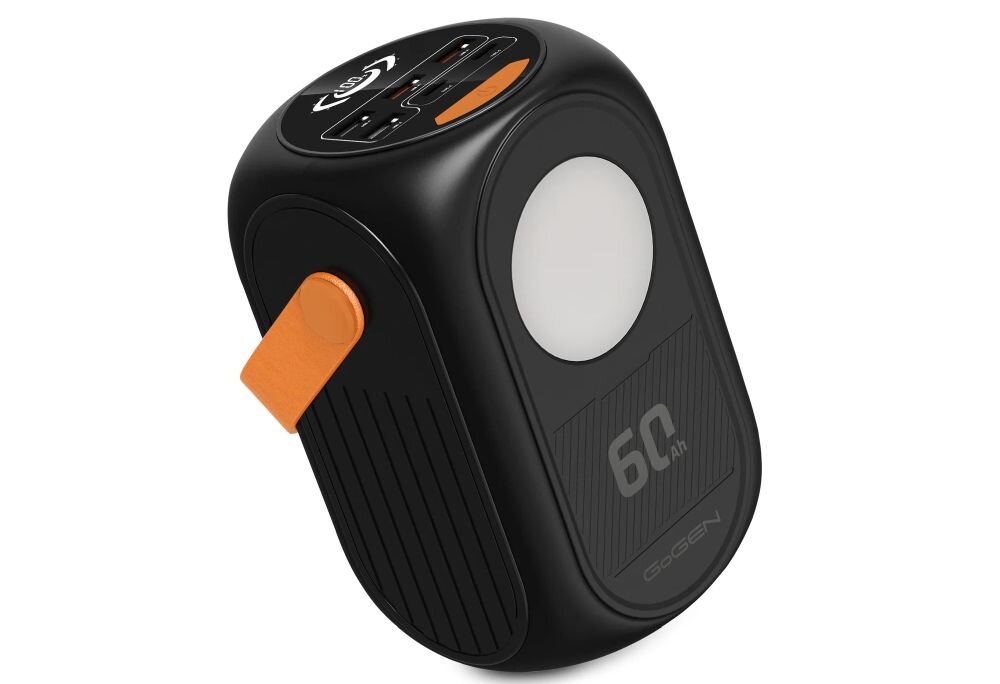 Powerbank GoGEN 60 Ah z uchwytem transportowym prezentuje obudowę i lampę LED na jasnym tle produktowym.