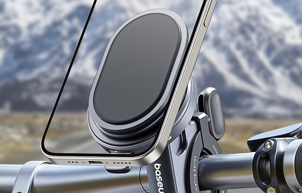 Uchwyt na telefon do roweru BASEUS PrimeTrip C40569001121-00 Czarny, Twój smartfon zawsze pod ręką, Wizualizacja uchwytu wraz magnetycznym uchwytem zamontowanym do ramy roweru, w tle góry