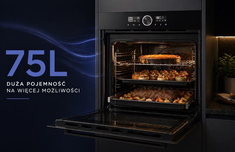 Otwarty piekarnik z dwoma poziomami potraw, w tym pieczeń i zapiekanka. Obok widoczny napis: \'75L Duża pojemność na więcej możliwości\'.