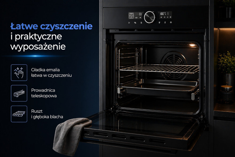 Na obrazie widoczny jest otwarty czarny piekarnik z wyświetlaczem i pokrętłem, a obok niego tekst: \'Łatwe czyszczenie i praktyczne wyposażenie\'. Wymienione cechy to: \'Gładka emalia łatwa w czyszczeniu\', \'Prowadnica teleskopowa\', \'Ruszt i głęboka blacha\'.