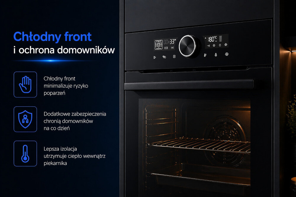 Obraz przedstawia czarny piekarnik z wyświetlaczem i pokrętłem, obok którego znajduje się tekst: \'Chłodny front i ochrona domowników\'. Dodatkowe informacje to: \'Chłodny front minimalizuje ryzyko poparzeń\', \'Dodatkowe zabezpieczenia chronią domowników na co dzień\', \'Lepsza izolacja utrzymuje ciepło wewnątrz piekarnika\'.