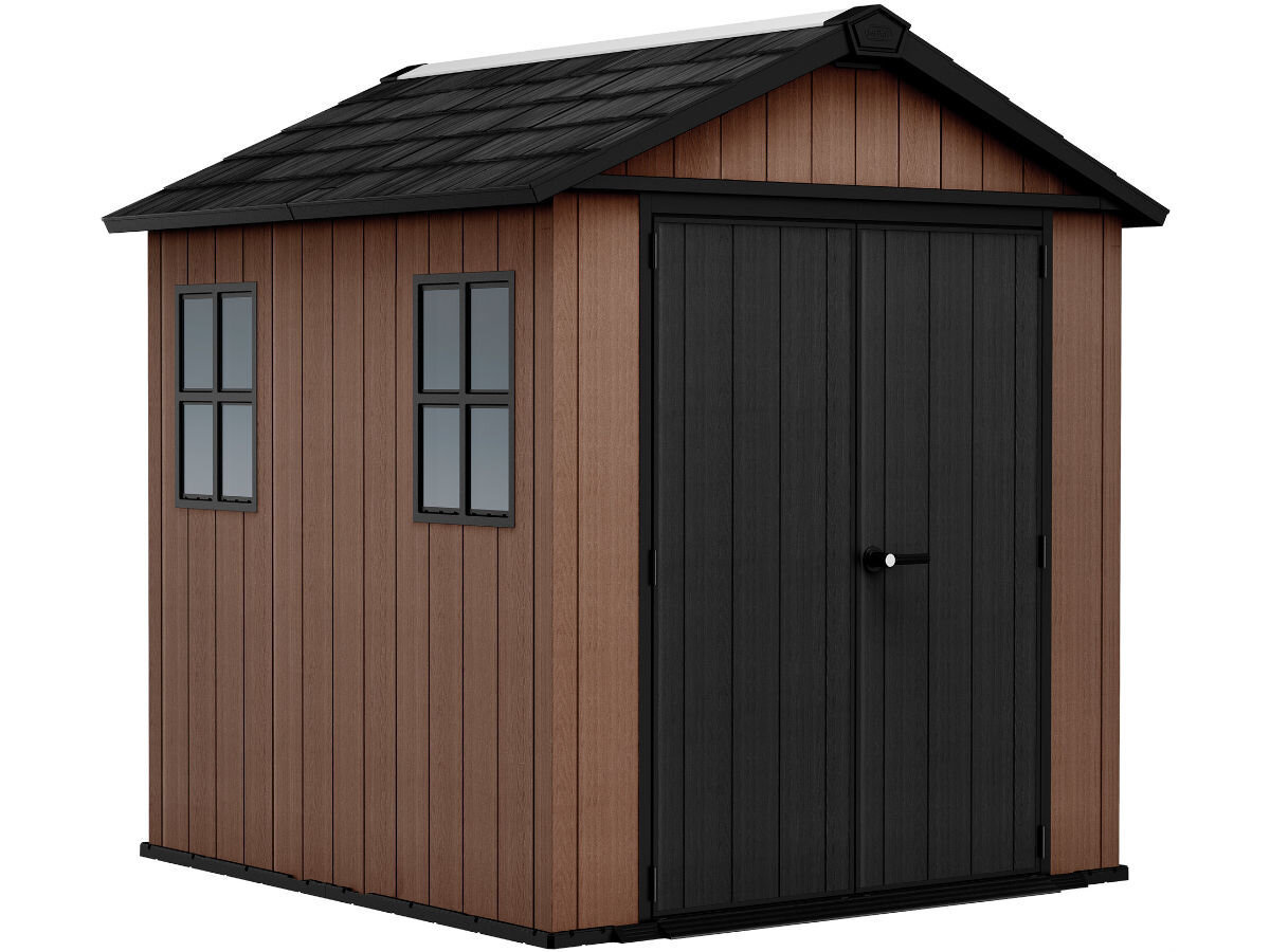 Domek narzędziowy KETER Newton Plus 775 7x7.5 230 x 223.8 x 246 cm, wybór, ogród, domek, Domek stoi pionowo, drzwi ma od węższej strony z szerszej 2 okna, stoi frontem lewo skos