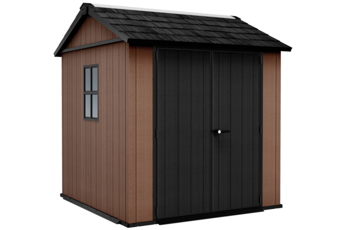 Domek narzędziowy KETER Newton Plus 775 7x7.5 230 x 223.8 x 246 cm, montaż, dopasowanie, wybór, konfiguracja, bez profesjonalistów, Domek stoi pionowo, drzwi ma od szerszej strony z 1 oknem od bocznej strony, stoi frontem lewo skos