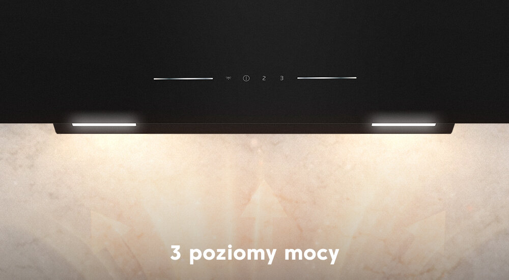 OKAP BEKO BHCA62442BBHF Zbliżenie na dolną krawędź czarnego okapu BEKO z włączonym oświetleniem oraz oznaczeniami trzech poziomów pracy na panelu sterowania. Pod obrazem znajduje się napis „3 poziomy mocy” 3 poziomy mocy regulacja intensywności usuwanie oparów eliminacja zapachów świeża kuchnia