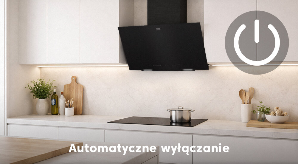 OKAP BEKO BHCA62442BBHF Jasna, minimalistyczna kuchnia z czarnym okapem nad płytą, na tle której po prawej stronie widnieje duża ikona przycisku zasilania. Na dole umieszczono napis „Automatyczne wyłączanie” automatyczne wyłączanie oszczędność energii wygoda świeże powietrze brak zapachów