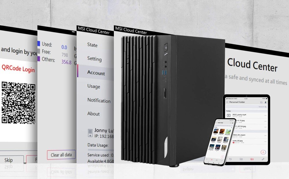 Komputer MSI Pro DP180 13-017BEU Komputer stacjonarny obok interfejsów aplikacji MSI Cloud Center widocznych na monitorze, tablecie i smartfonie, aplikacje, ustawienia, narzędzia