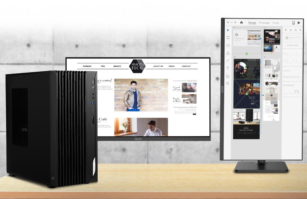 Komputer MSI Pro DP180 13-017BEU Komputer stacjonarny ustawiony na biurku obok dwóch monitorów wyświetlających strony internetowe i aplikację graficzną, przeznaczenie, zastosowanie, procesor, karta graficzna, system