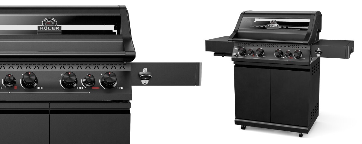 Na obrazie widoczny jest czarny grill gazowy z logo \'KOLER\' na pokrywie. Grill posiada kilka pokręteł na panelu przednim oraz boczną półkę.