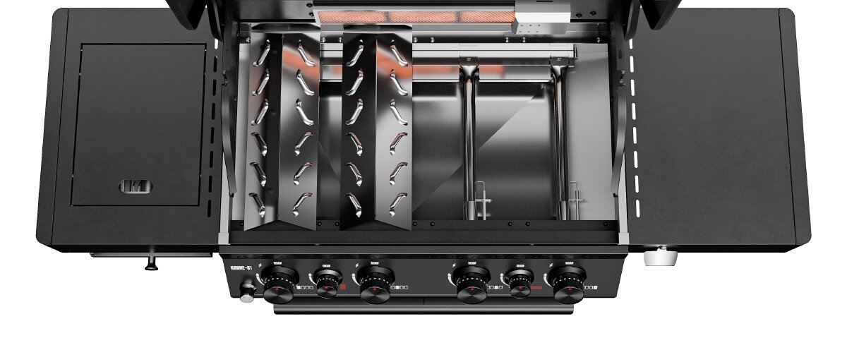 Zdjęcie przedstawia wnętrze grilla gazowego z widocznymi palnikami i osłonami. Na panelu przednim znajduje się kilka pokręteł do regulacji temperatury.