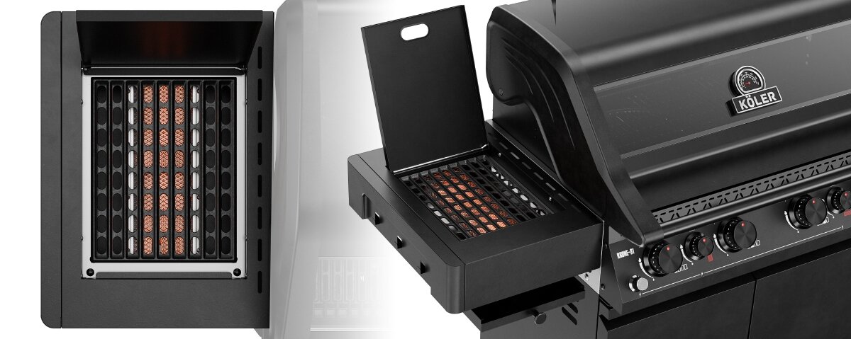 Obraz przedstawia czarny grill gazowy z logo \'KOLER\' na pokrywie. Widoczne są palniki oraz panel z pokrętłami do regulacji temperatury.