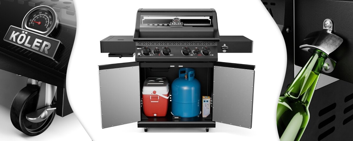 Obraz przedstawia grill gazowy z otwartymi drzwiczkami, wewnątrz których znajdują się butla gazowa i czerwony pojemnik. Po bokach widoczne są zbliżenia na koło z logo \'KÖLER\' oraz otwieracz do butelek.