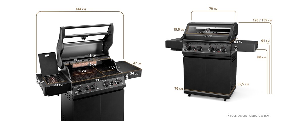 Obraz przedstawia czarny grill gazowy z otwartą i zamkniętą pokrywą, z widocznymi wymiarami w centymetrach. Grill posiada kilka pokręteł na panelu przednim oraz boczne półki.