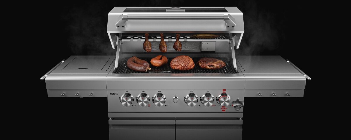 Grill gazowy KOLER Krone S2 Silver 21.6 kW 74 x 46 cm, gaz, stal, steki, precyzja, Grill gazowy Köler Krone-S2 Inox z jedzeniem