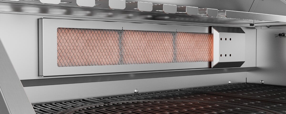 Grill gazowy KOLER Krone S2 Silver 21.6 kW 74 x 46 cm, FLAME, 800°C, skórka, sos, Tylny ceramiczny palnik podczerwieni w akcji