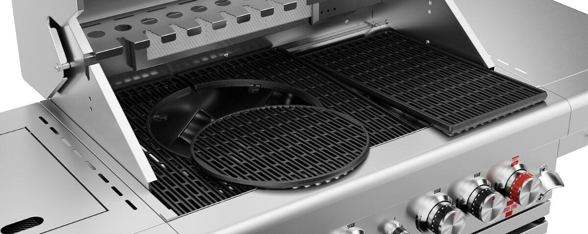 Grill gazowy KOLER Krone S2 Silver 21.6 kW 74 x 46 cm, SMART, ryby, owoce, udka, Ruszt żeliwny z systemem wymiennych wkładów