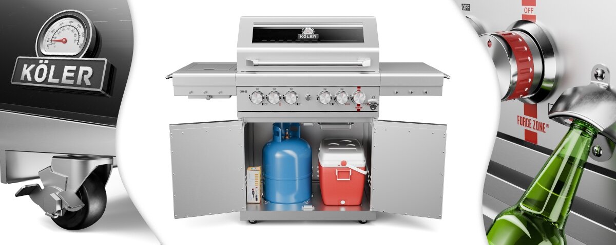 Grill gazowy KOLER Krone S2 Silver 21.6 kW 74 x 46 cm, MOVE, żeliwo, pizza, wok, Szafka na butlę, koła i otwieracz do butelek