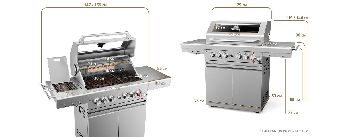 Grill gazowy KOLER Krone S2 Silver 21.6 kW 74 x 46 cm, TEMP, półki, koła, haczyki, Wymiary techniczne grilla Köler Krone-S2