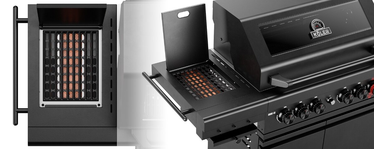 Grill gazowy KOLER Krone S2 Black 21.6 kW 74 x 46 cm, CORE, FORCE, aromat, smak, Boczny palnik ceramiczny IR w grillu Krone-S2