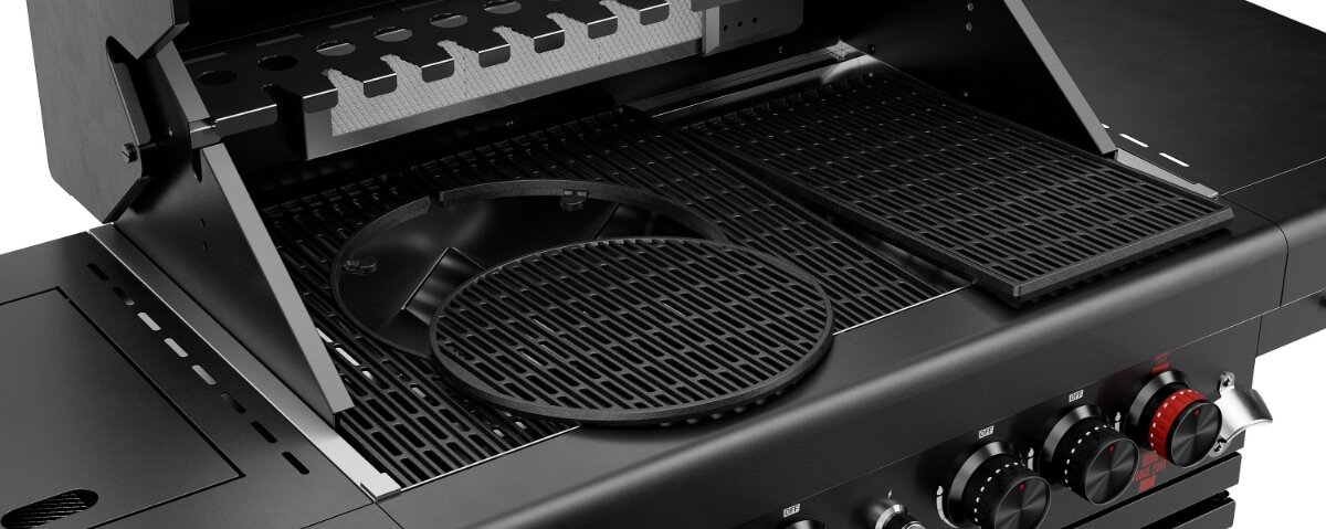 Grill gazowy KOLER Krone S2 Black 21.6 kW 74 x 46 cm, SMART, ryby, owoce, udka, Ruszt żeliwny z systemem wymiennych wkładów