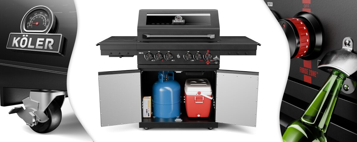 Grill gazowy KOLER Krone S2 Black 21.6 kW 74 x 46 cm, MOVE, żeliwo, pizza, wok, Szafka na butlę, koła i otwieracz grilla