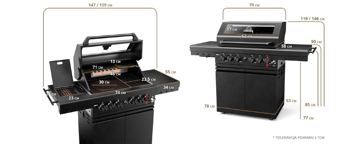 Grill gazowy KOLER Krone S2 Black 21.6 kW 74 x 46 cm, półki, koła, termometr, szafka, Dokładne wymiary grilla gazowego Krone-S2