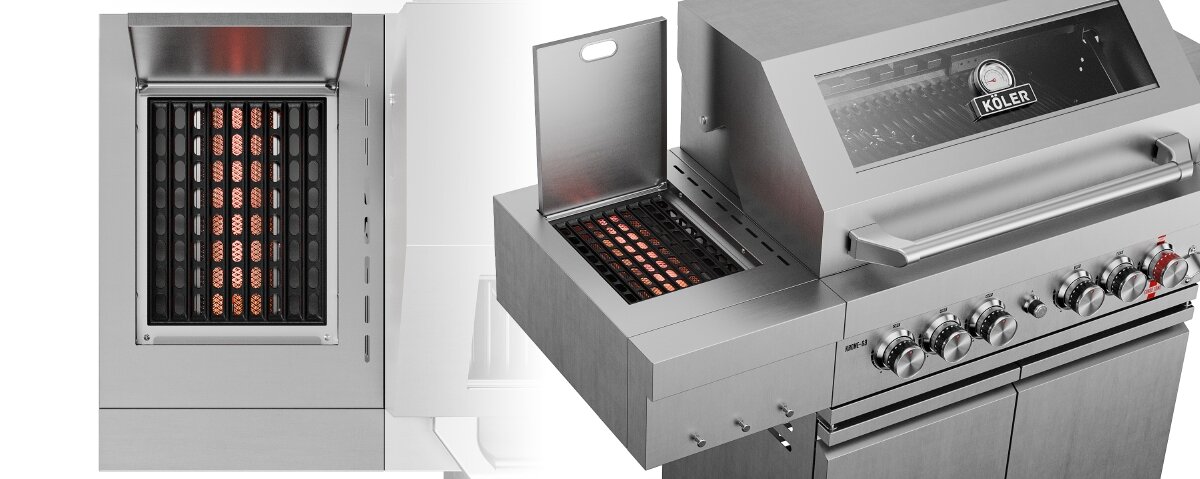 Obraz przedstawia grill gazowy z metaliczną obudową i kilkoma pokrętłami na panelu przednim. Na pokrywie widoczne jest logo \'KOLER\'.