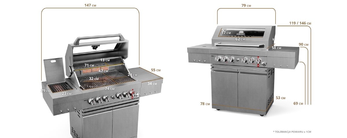 Obraz przedstawia grill gazowy z otwartą i zamkniętą pokrywą, z widocznymi wymiarami w centymetrach. Grill posiada kilka pokręteł i metalową konstrukcję z szafkami na dole.